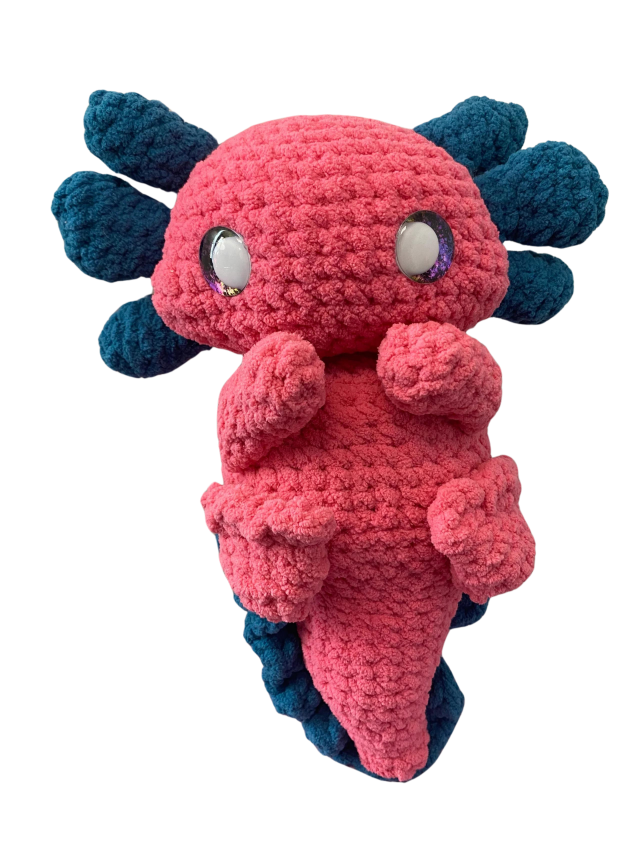 A pink and blue soft plush axotl handmade by Monse's Crochet Creations. The axotl has shiney and colorful hand-painted eyes with white pupils
